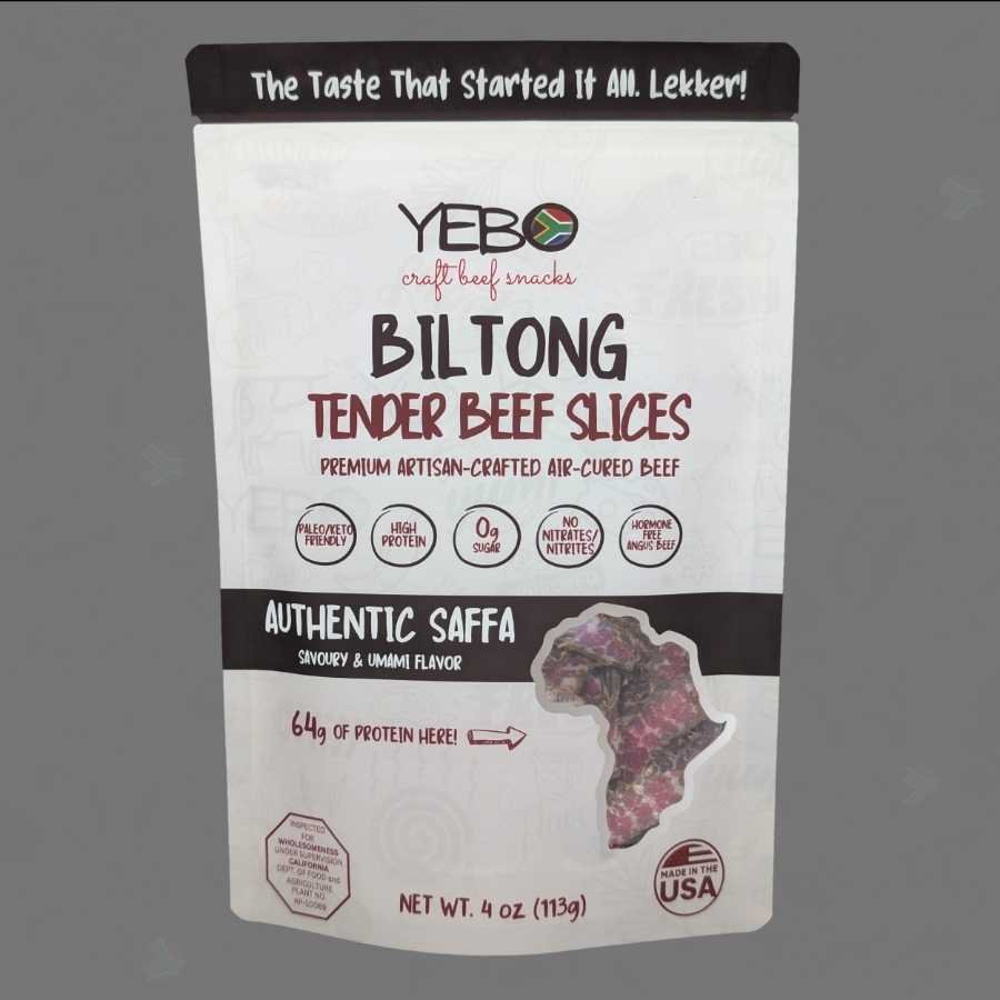 Traditional Biltong-4oz Yebo Traditional Biltong premium air-cured beef snack packaging with South African inspired design and protein details.
