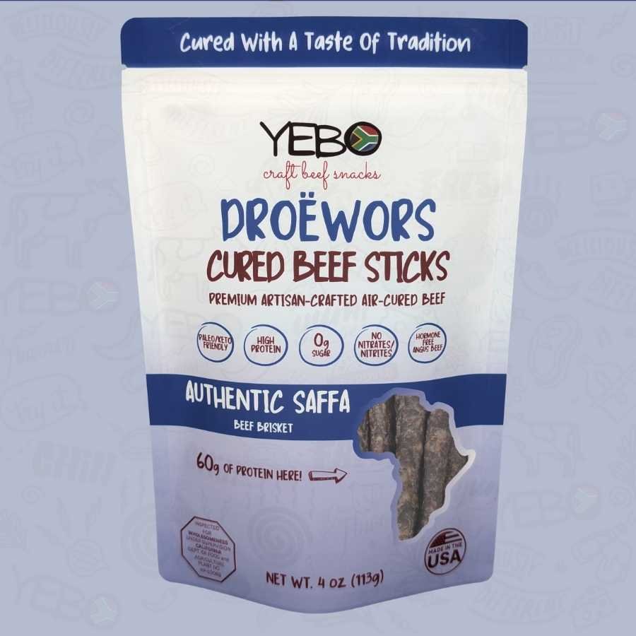 Traditional Droëwors YEBO Traditional Droëwors cured beef sticks package showcasing high-protein South African craft beef snack.