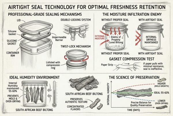 Airtight seal technology infographic showing humidity control and freshness preservation for South African beef biltong.