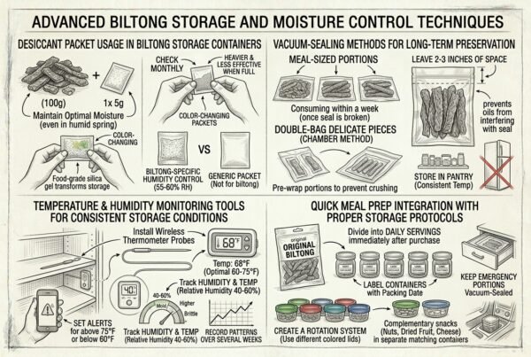 Advanced biltong storage, moisture control, and vacuum sealing infographic guide for long-term freshness.