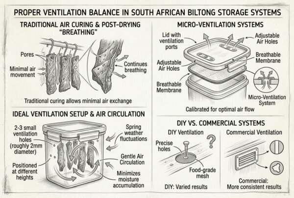 Biltong storage ventilation guide showing airflow balance for traditional and modern curing systems.