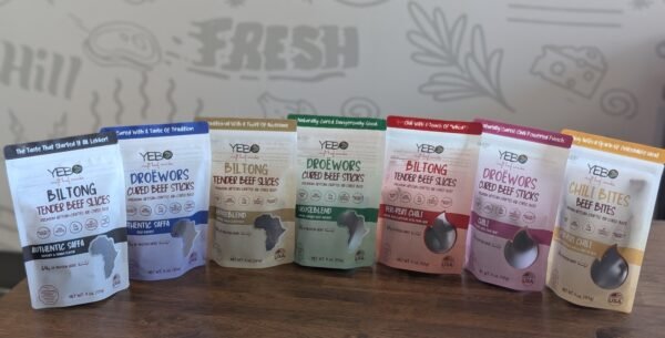 Yebo craft beef snack pouches showcasing assorted biltong, droƫwors, and chili beef flavors.