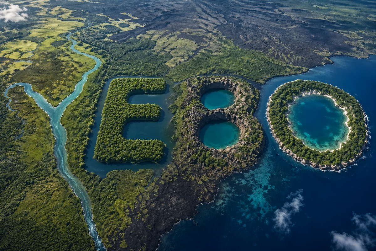 Aerial tropical landscape spelling YEBO with eco-friendly air-curing natural green islands.
