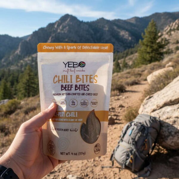 Hiker holding YEBO Peri-Peri Chili Bites beef snack with mountain adventure background.
