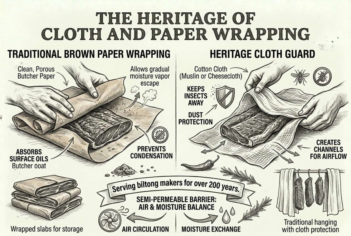 Traditional biltong storage methods using cloth and brown paper wrapping infographic.