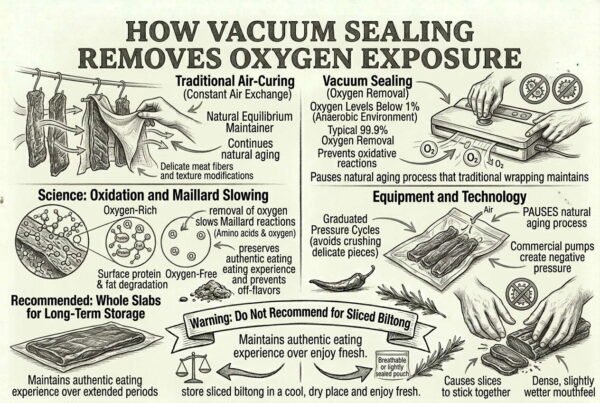 Infographic comparing biltong storage methods using air-curing and vacuum sealing for freshness preservation.