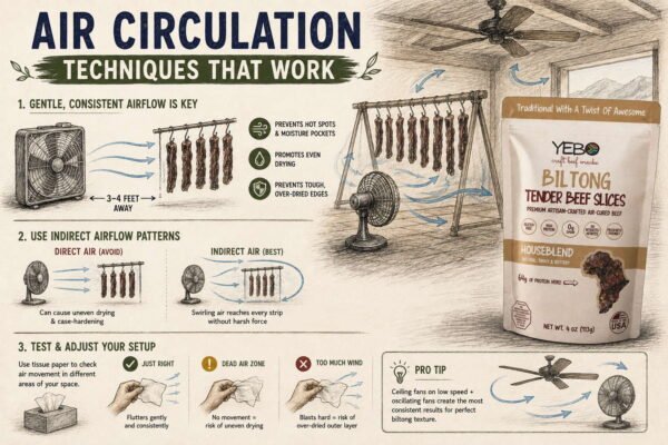Airflow tips to prevent over dry biltong during drying process infographic.