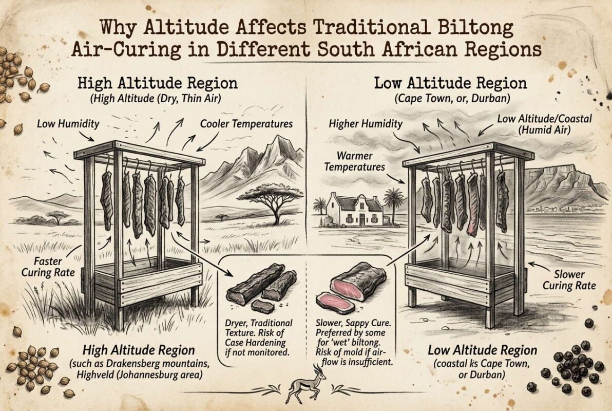 Biltong air-curing infographic comparing altitude effects on drying in South African regions.