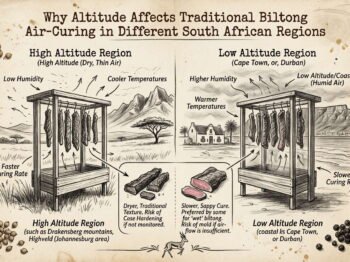 Biltong air-curing infographic comparing altitude effects on drying in South African regions.