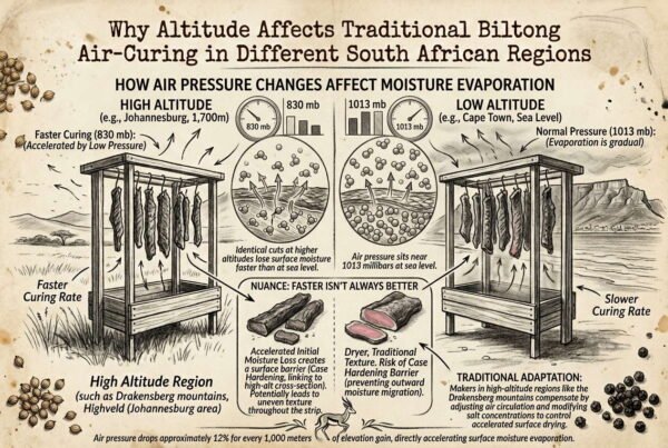Biltong air-curing altitude comparison showing drying differences between high and low South African regions.