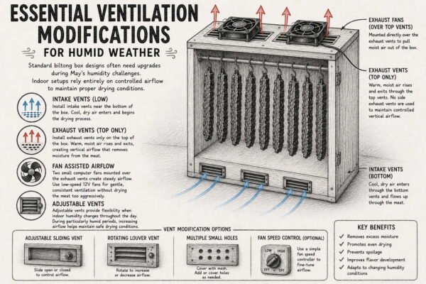 Biltong drying box ventilation guide for humidity control and optimal airflow in humid weather.