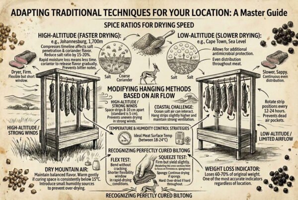 Biltong air-curing guide showing altitude, humidity, and airflow tips for perfect meat drying.