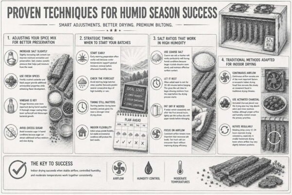 Infographic showing proven biltong drying tips and techniques for high humidity conditions.