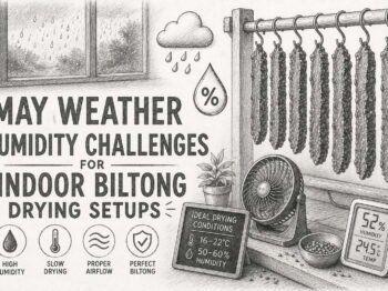 Indoor biltong drying setup facing high humidity challenges in May weather.