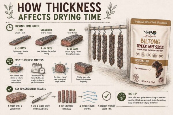 Biltong drying time guide showing meat slice thickness to prevent over dry biltong.