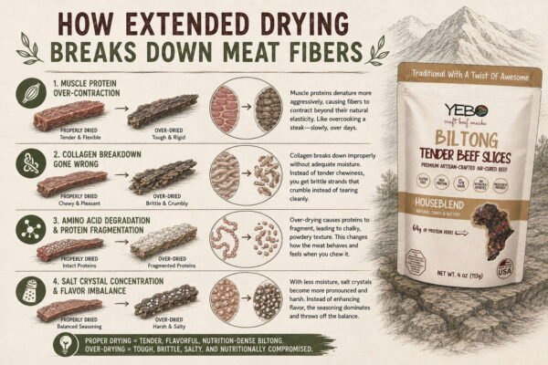 Over dry biltong infographic showing effects of excessive drying on meat texture and flavor.