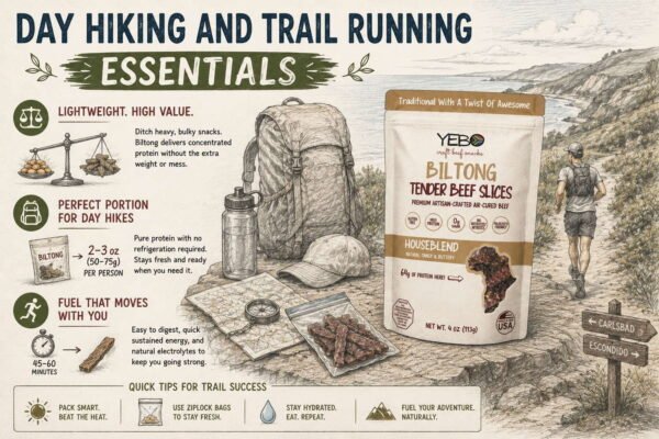 Portable biltong snacks for day hiking and trail running essentials poster.