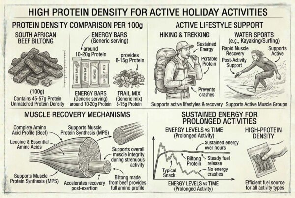High protein biltong infographic comparing protein snacks for Memorial Day activities.