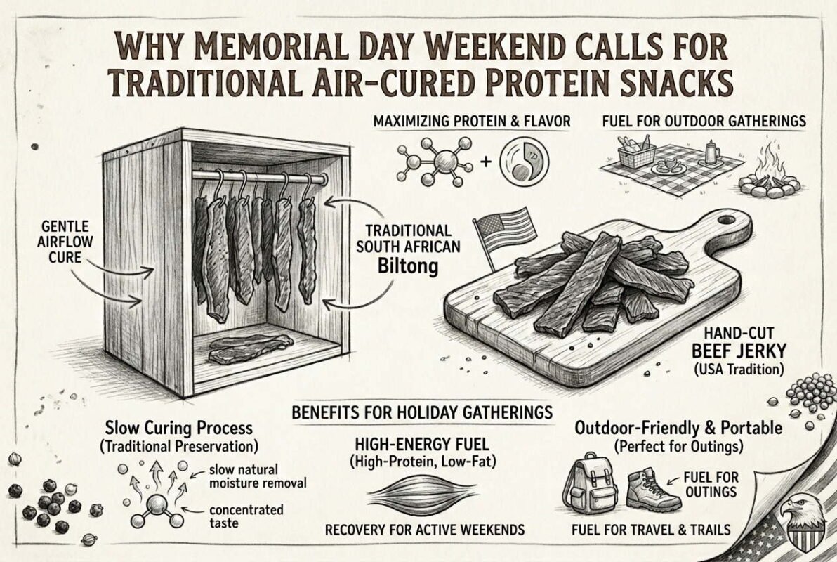 Memorial Day protein snacks poster showing traditional biltong and beef jerky for holiday gatherings.