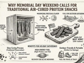 Memorial Day protein snacks poster showing traditional biltong and beef jerky for holiday gatherings.