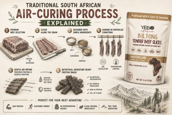 Traditional South African biltong air-curing process showing portable biltong snacks and natural ingredients.