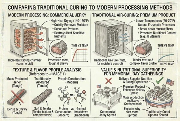 Traditional vs modern jerky methods comparison for Memorial Day protein snacks.