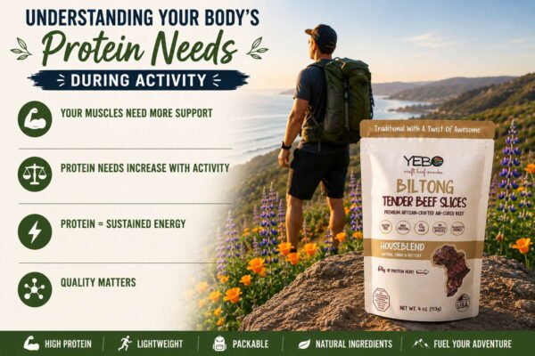 Portable biltong snacks for hikers and adventurers promoting high-protein, natural beef slices.